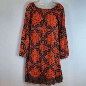 Lady's World Women's Bohemian Bell Sleeve Orange/Brown  Mini Dress Size L